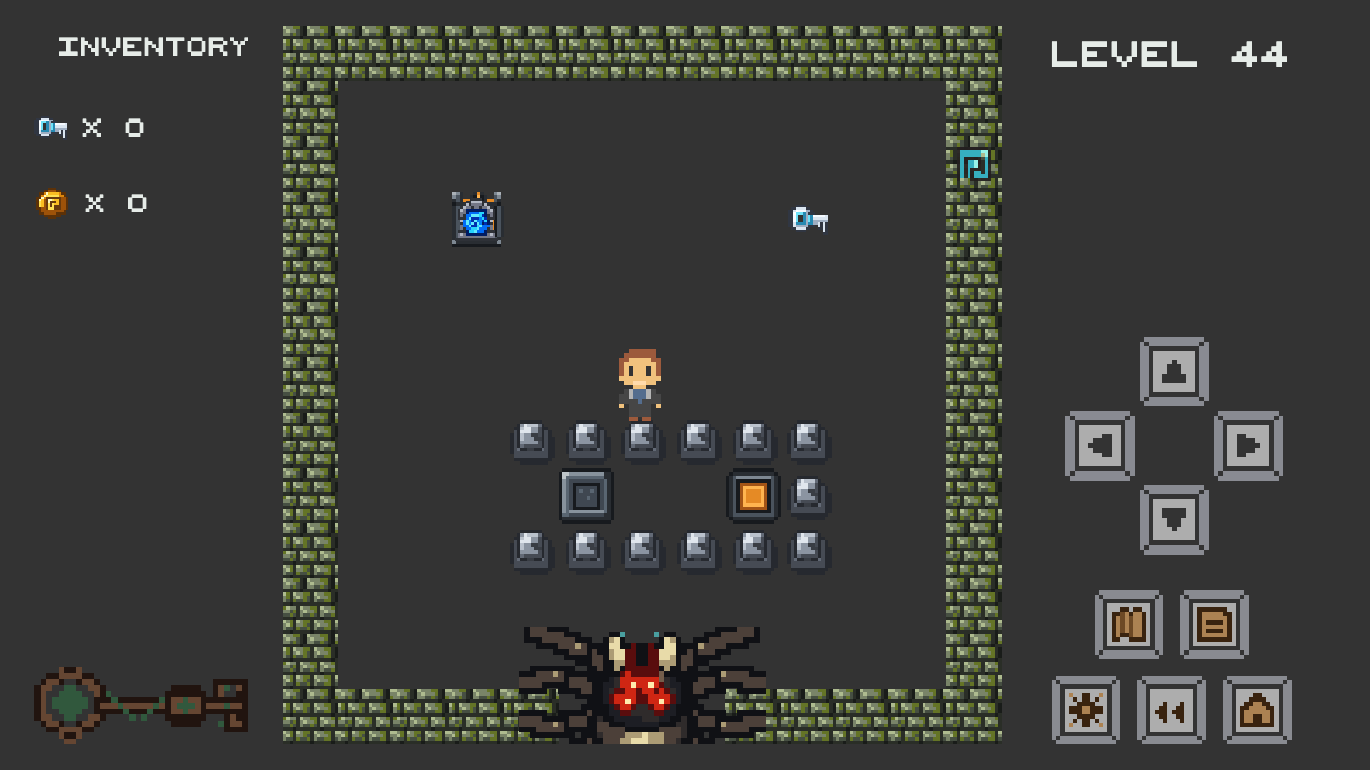Actual Exitopia gameplay showing a pixel-art puzzle room with directional controls